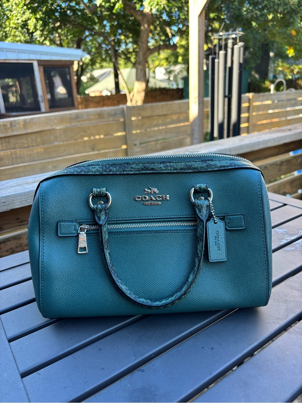 Coach Rowan Mineral Crossgrain Leather satchel bag purse teal snake embossed